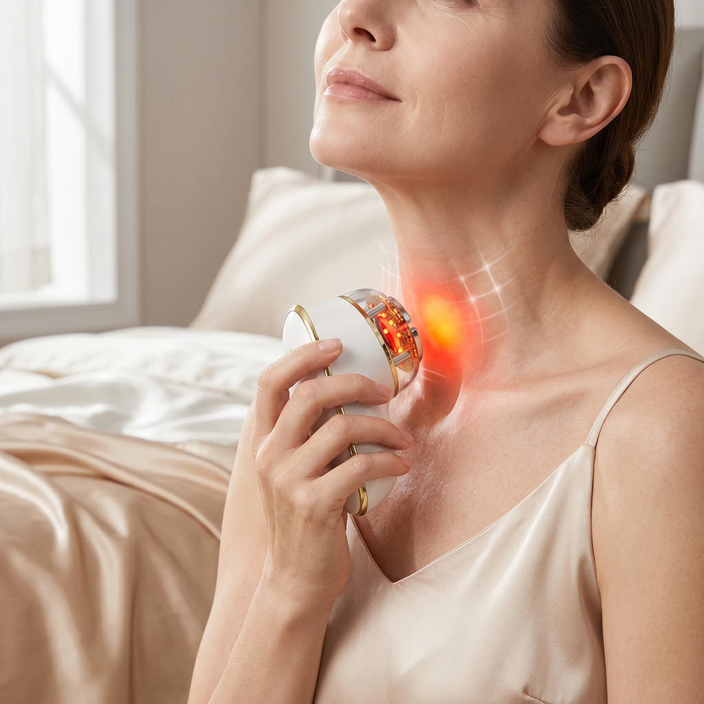 Mature woman gently gliding a red light therapy device for neck wrinkles, experiencing visible results from this neck tightening device.
