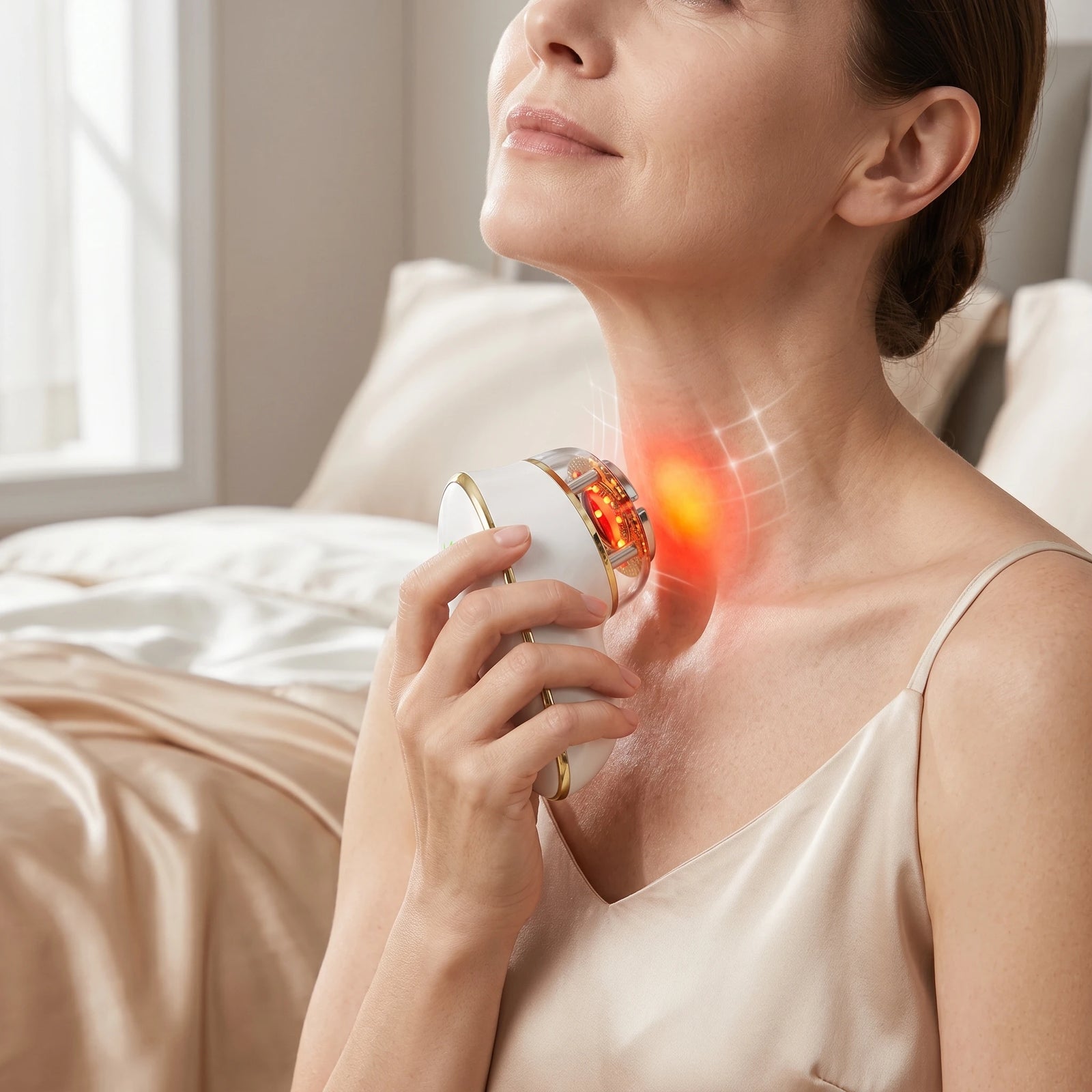Mature woman gently gliding a red light therapy device for neck wrinkles, experiencing visible results from this neck tightening device.