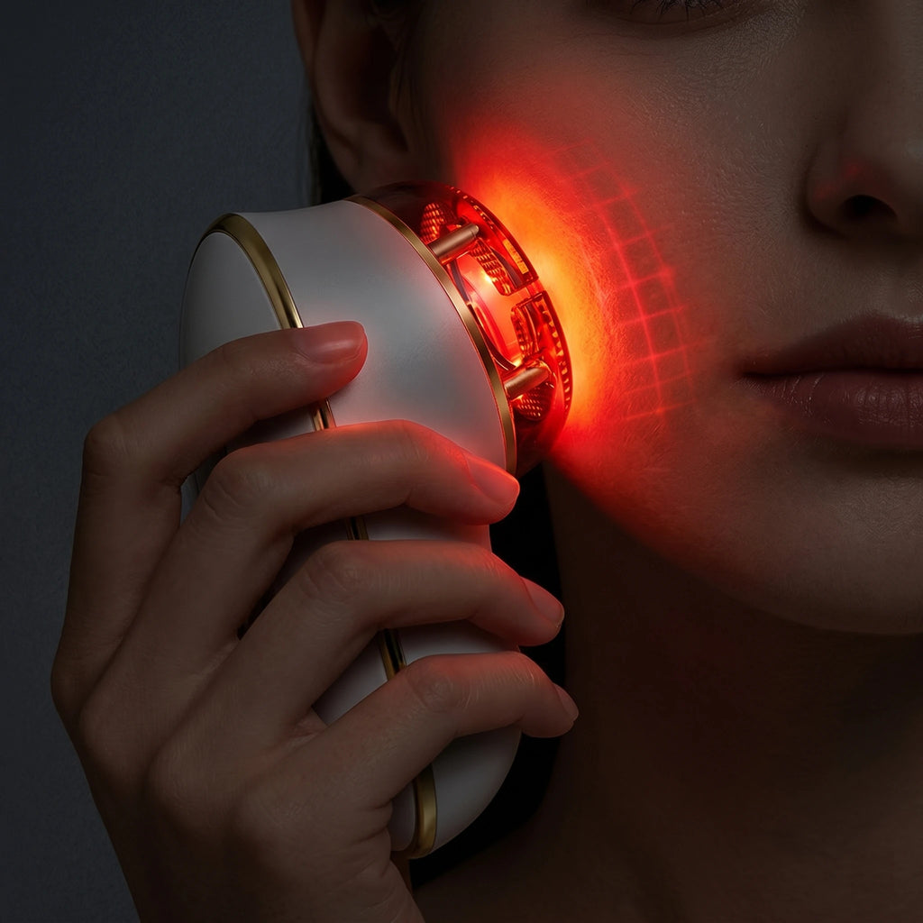 Close-up of the device emitting deep red light therapy for face, acting as an advanced microcurrent facial device for aging skin.