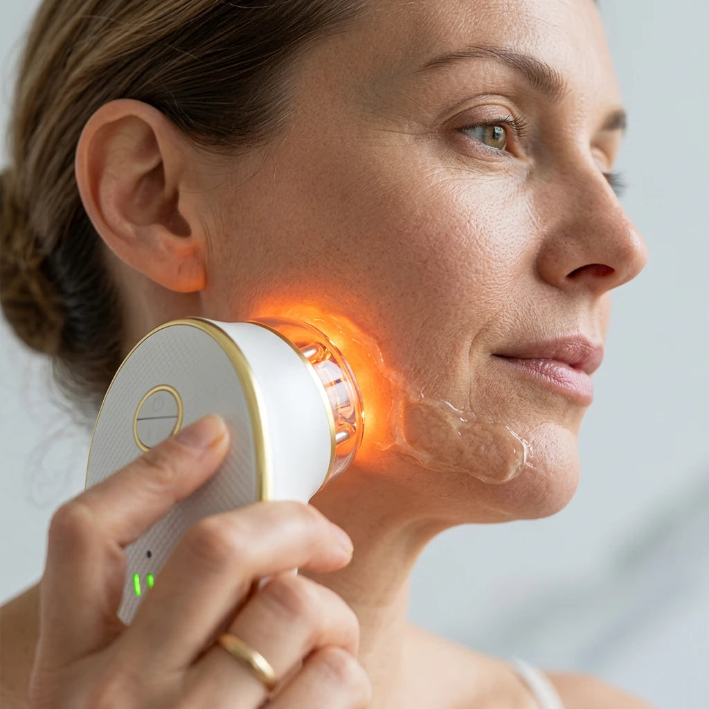 Close up of the ELEVAURE clinical face massager utilizing red light therapy for neck wrinkles and jawline lifting.