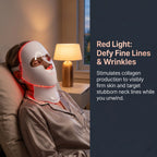 Woman relaxing in bed wearing the LiteVisage LED mask in red light mode to naturally stimulate collagen, firm skin, and target stubborn neck lines.
