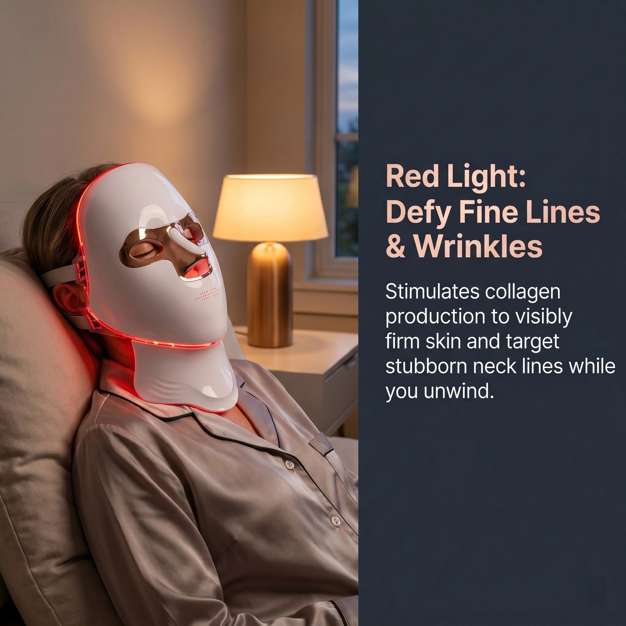 Woman relaxing in bed wearing the LiteVisage LED mask in red light mode to naturally stimulate collagen, firm skin, and target stubborn neck lines.