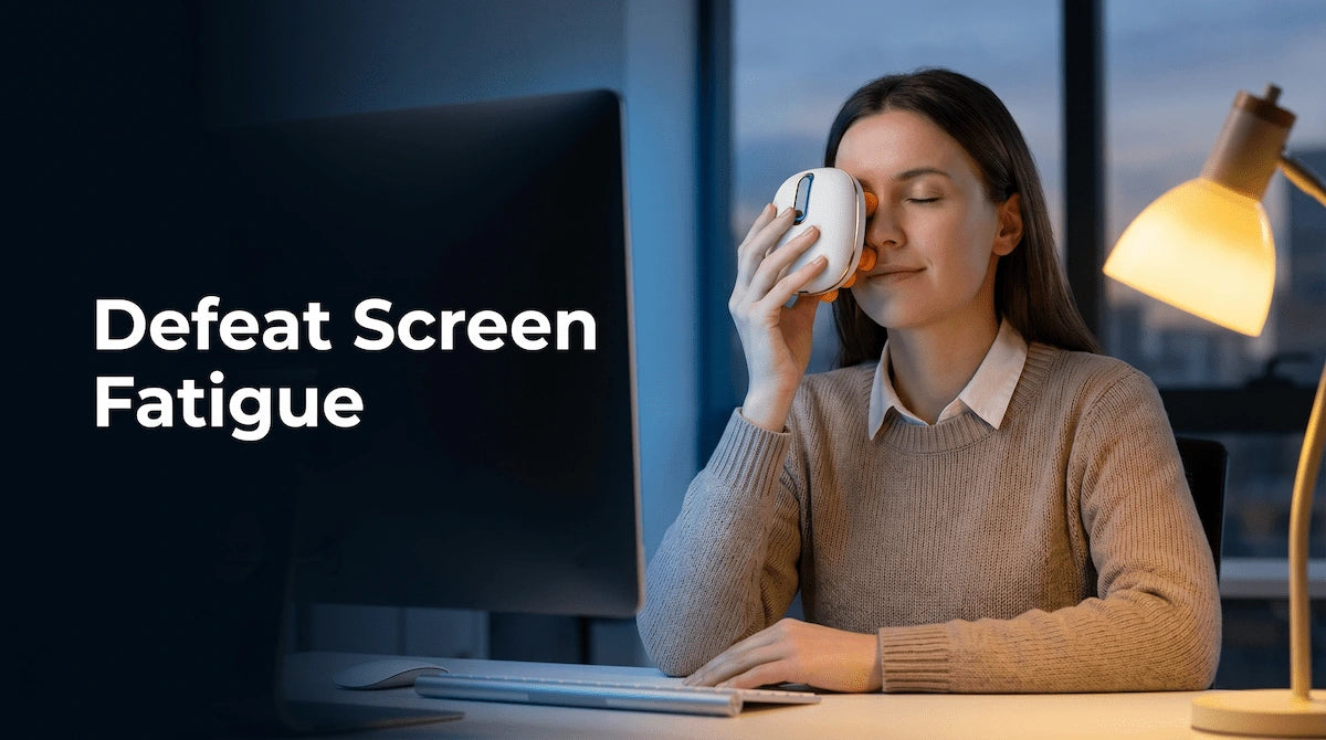 Visual representation of reducing digital eye strain and fatigue relief using the ELEVAURE 2-in-1 device, showing the transition from tension to relaxation.