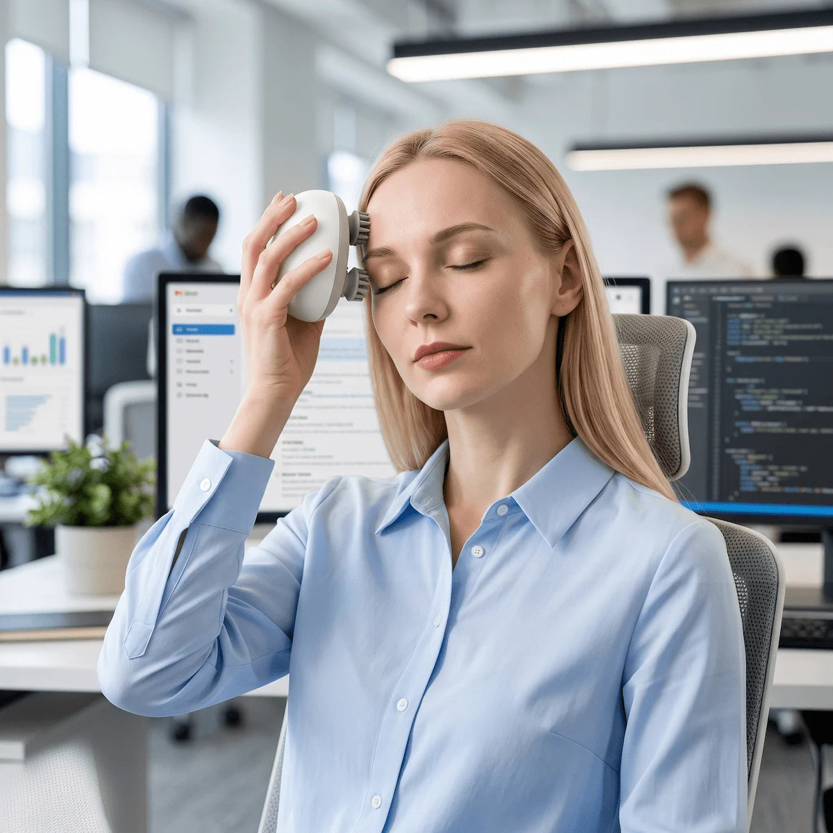 Office worker using a cordless scalp massager at their desk to quickly relieve an afternoon tension headache.