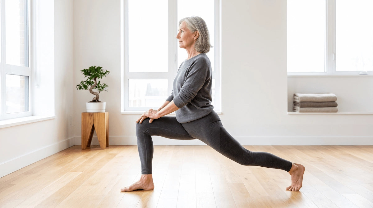 An older adult demonstrating improved knee flexibility and range of motion in a bright, minimalist room.
