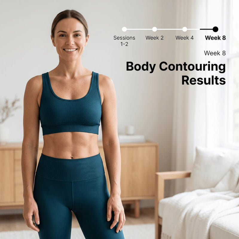 Timeline of body contouring results at Week 8 Body Contouring Results with Elevaure 9-in-1 device.