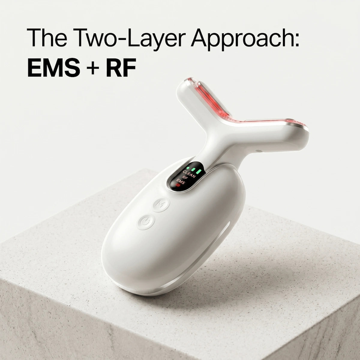 Close-up of an RF and EMS neck lifting device, highlighting its premium medical-grade silicone body and zinc alloy massage heads.
