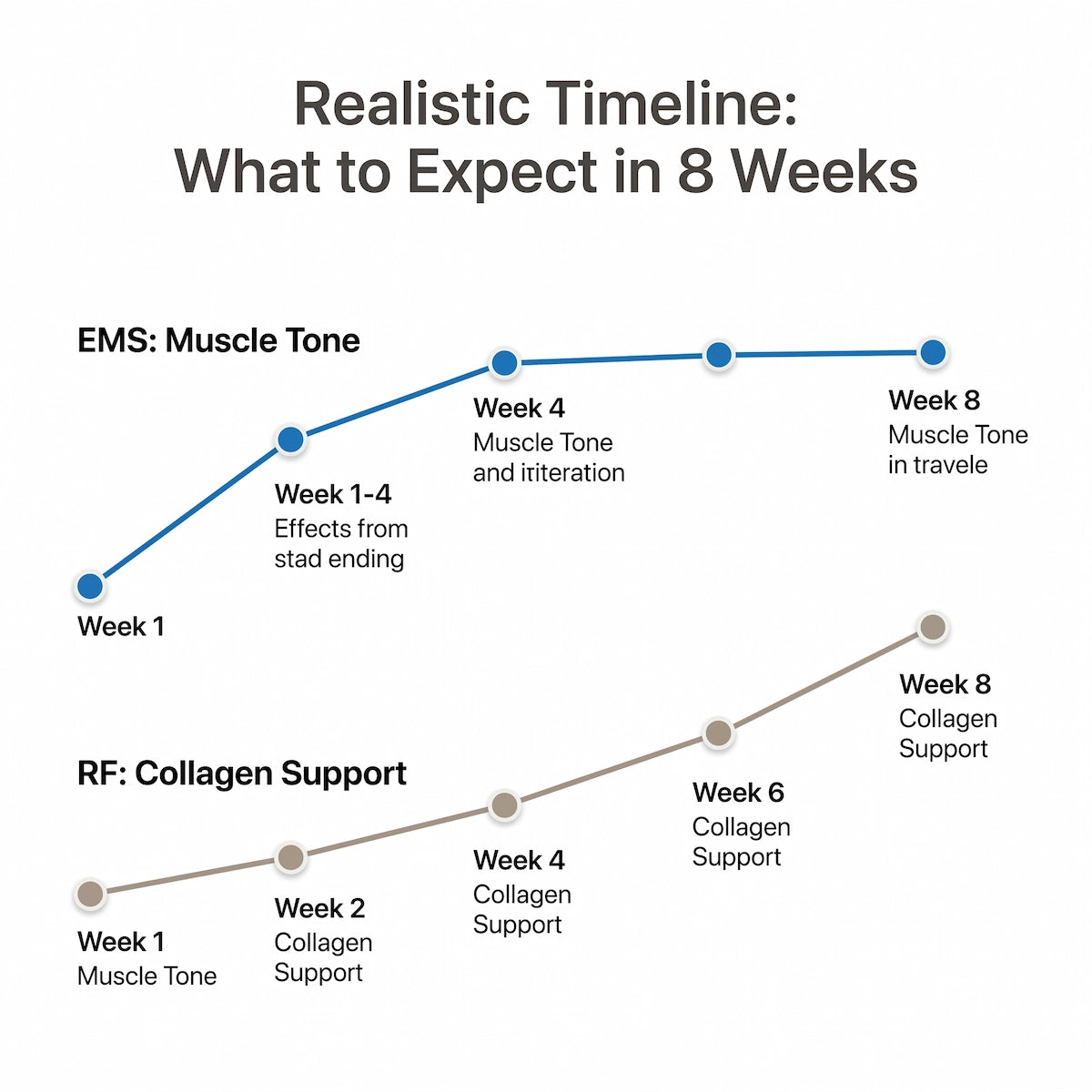 A clinical infographic showing the realistic 8-week timeline for reducing jowls and turkey neck using EMS muscle toning and RF collagen support.