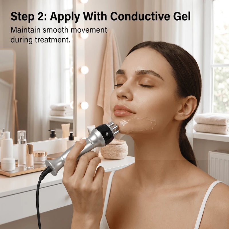 woman using RF skin tightening probe with conductive gel at home