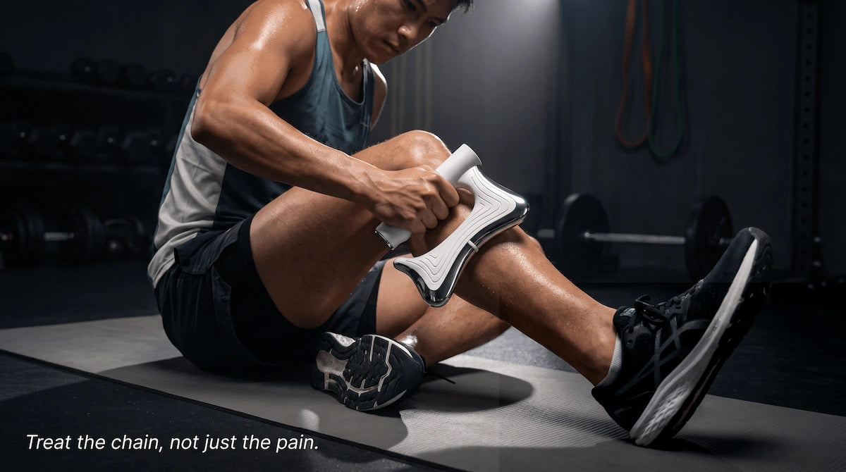 Runner using an electric muscle scraper on tight calves to relieve tension on the plantar fascia.