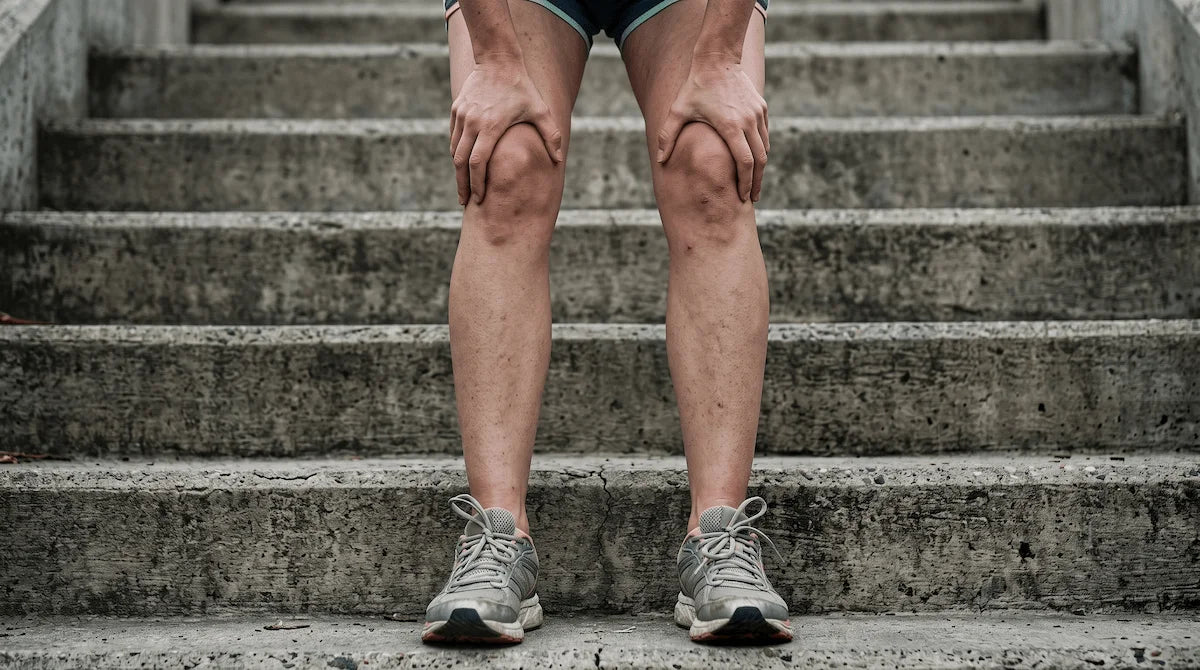 A runner pausing on outdoor stairs, holding her knees due to post-run fatigue and joint ache.