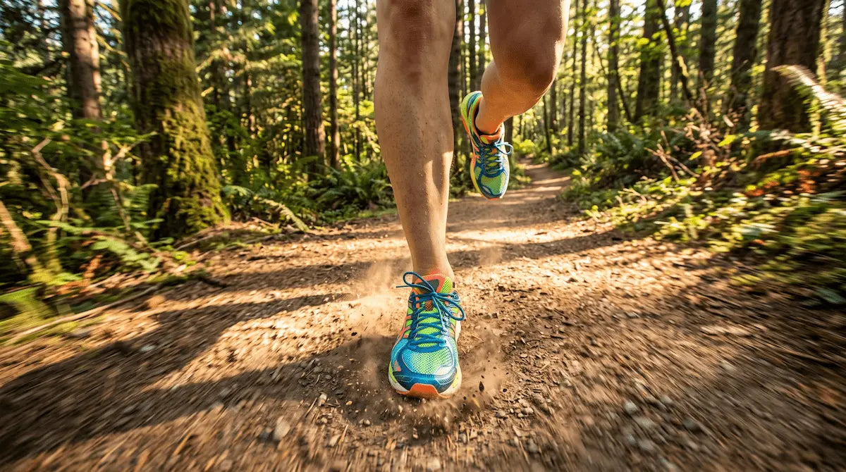 First-person view of running shoes hitting a forest trail with confidence and speed.