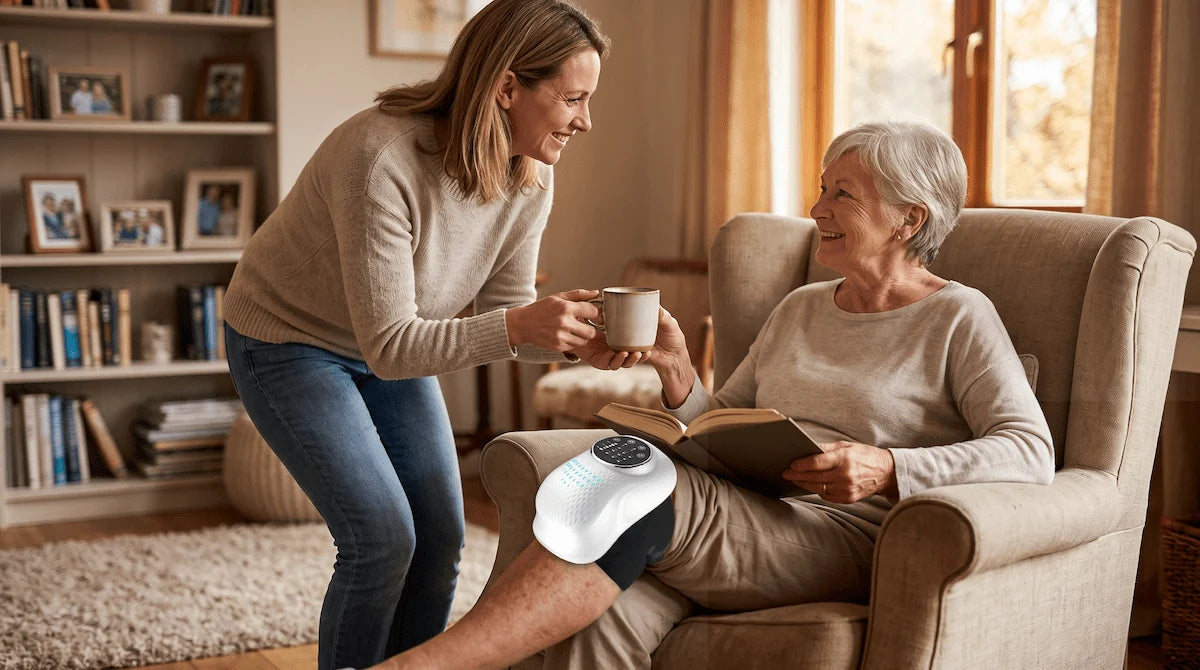 Daughter bringing coffee to her mother who is safely relaxing with an automatic heated knee massager.