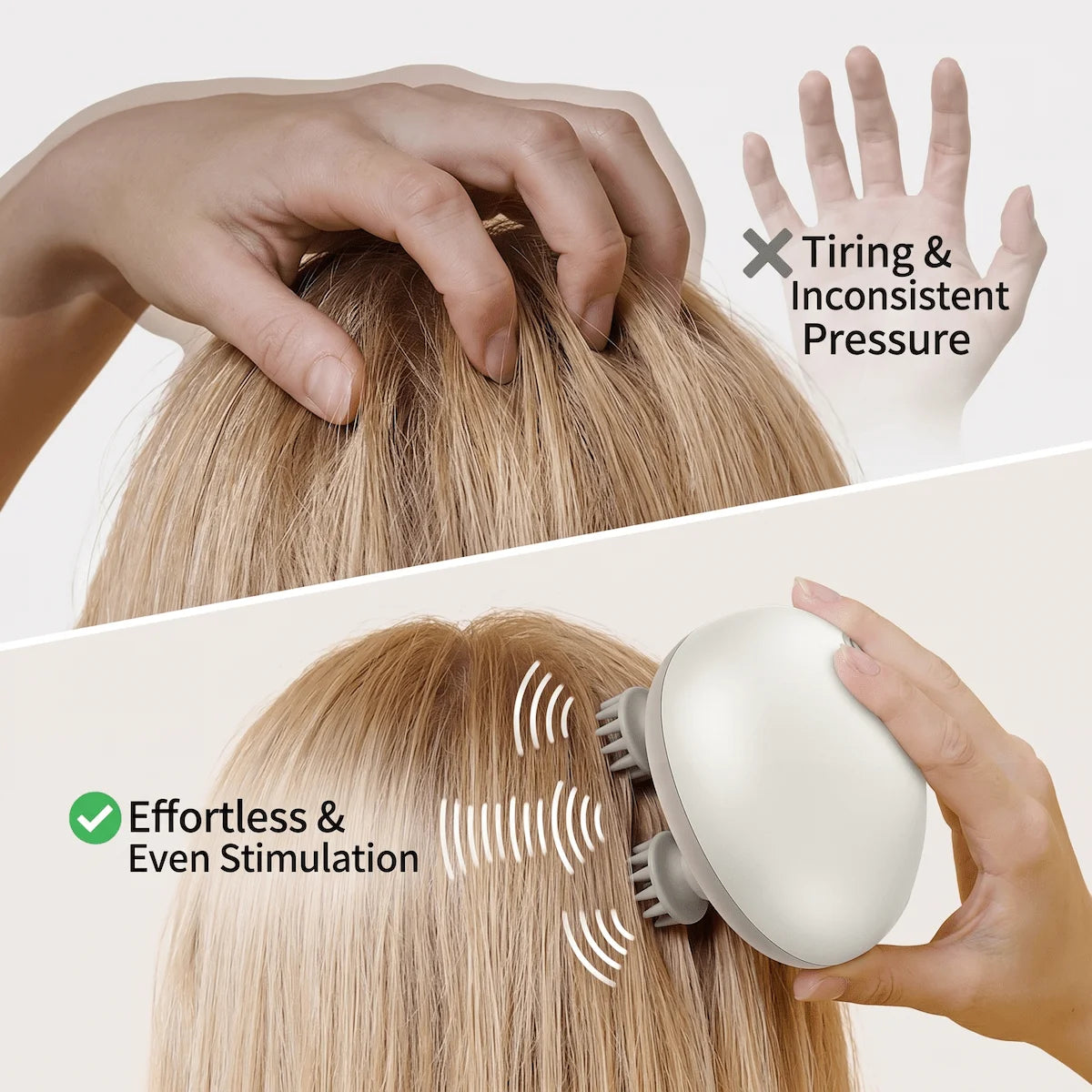 Comparison showing the effortless and consistent pressure of an electric scalp massager versus using fingers.