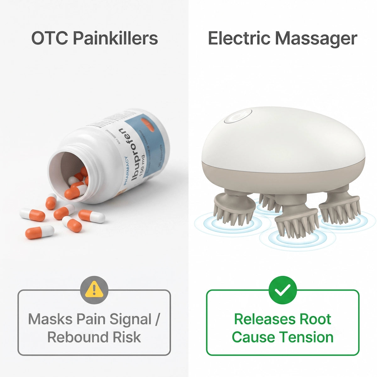 Comparison showing over-the-counter painkillers masking headache symptoms versus an electric massager releasing the underlying muscle tension.