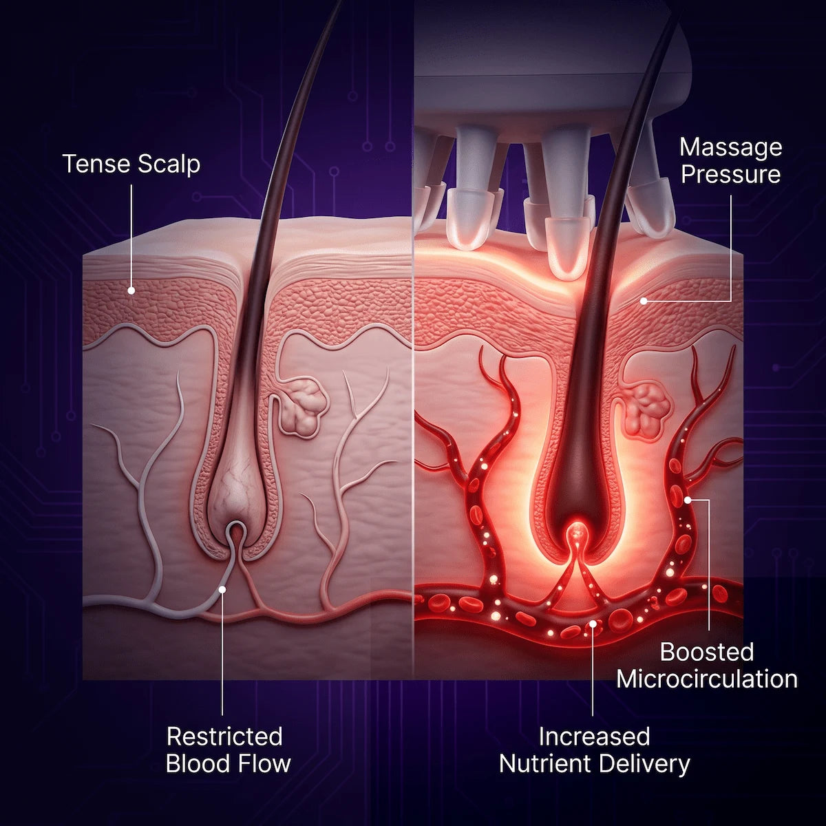 3D illustration showing how scalp massage increases blood flow to the dermal papilla to support thicker hair.