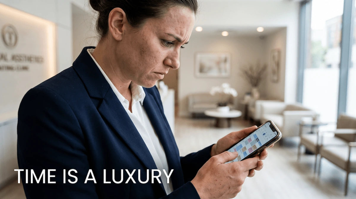 Busy professional woman checking her calendar, highlighting the inconvenience of weekly spa appointments.