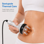 Woman using the sextupole RF thermal probe on her abdomen with bare hands in a bright studio setting.