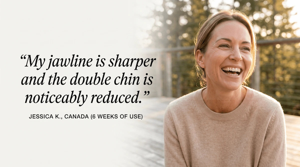 A happy middle-aged woman showing off her sharp jawline and reduced double chin after 6 weeks of using the 4-in-1 EMS face massager.