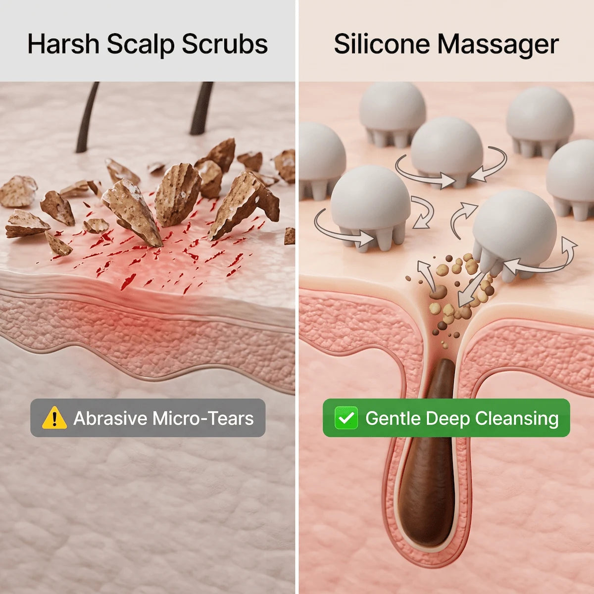 Comparison showing the gentle cleansing of a silicone scalp massager versus the micro-tears caused by abrasive scalp scrubs.