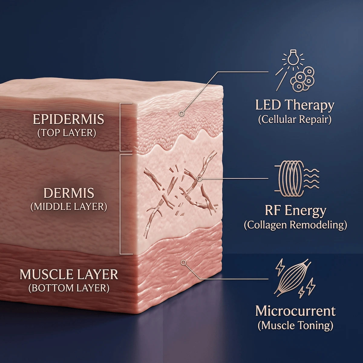 3D skin cross-section showing how RF targets the dermis, microcurrent targets muscles, and LED supports cellular repair.