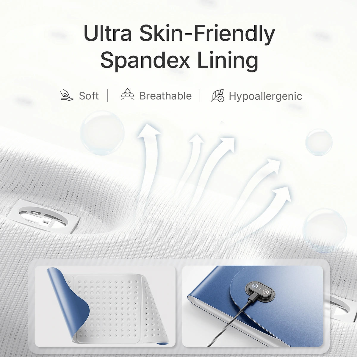 Close-up of the ultra skin-friendly, breathable white spandex lining on the red light therapy pad with recessed LED diodes and Type-C power connector.