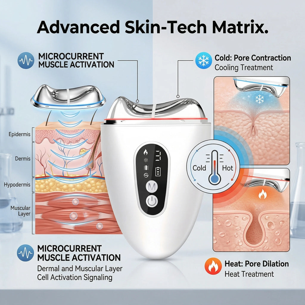 Diagram illustrating how EMS microcurrents and cryo cooling technology work on skin layers and pores.