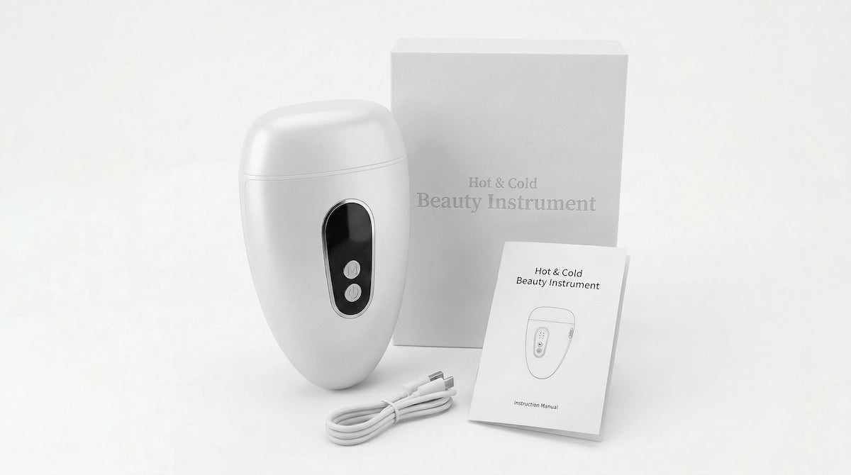 ELEVAURE smart beauty instrument unboxing set showing device, charging cable, and accessories.