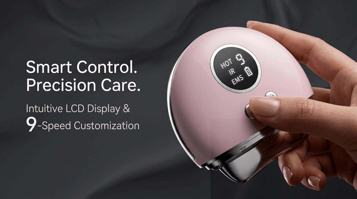 Close-up of the smart LCD display and zinc alloy probe on the 4-in-1 EMS face massager.
