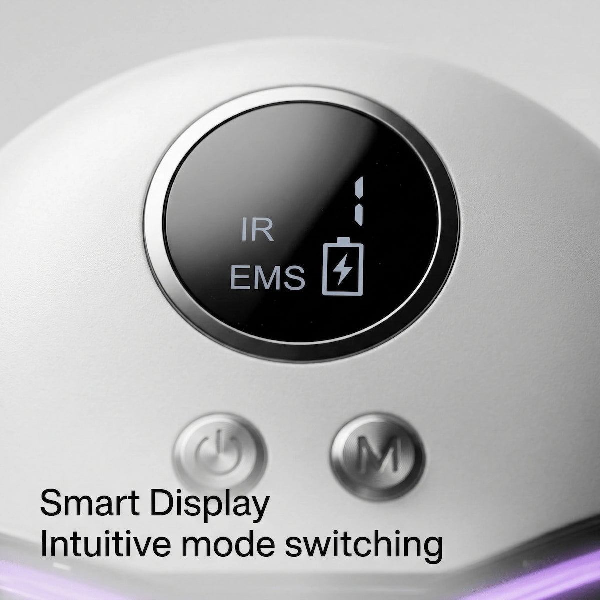 Smart LCD display on EMS face massager showing real-time mode gear level and battery status