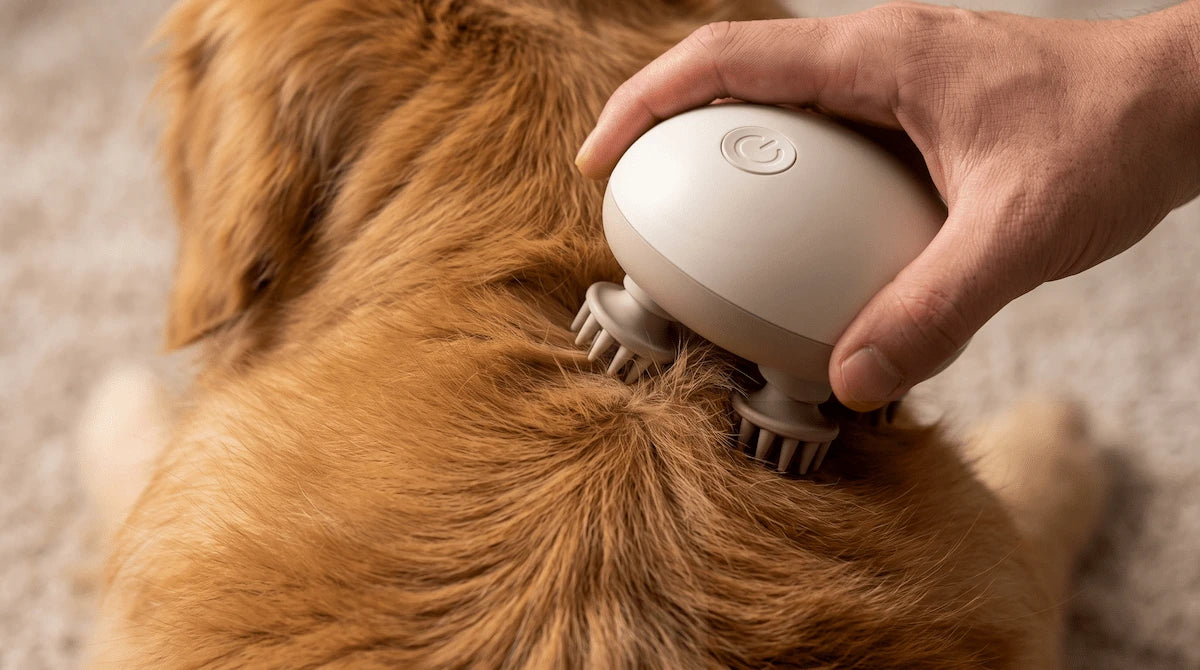 Close-up of the Elevaure scalp massager's soft silicone nodes gently working through a dog's thick coat.
