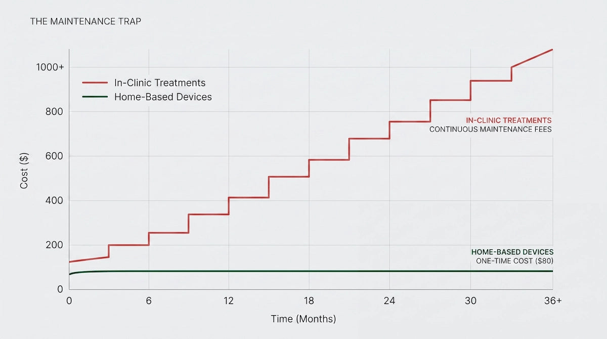Graph showing the indefinite maintenance costs of spa treatments versus the flat cost of owning a device.