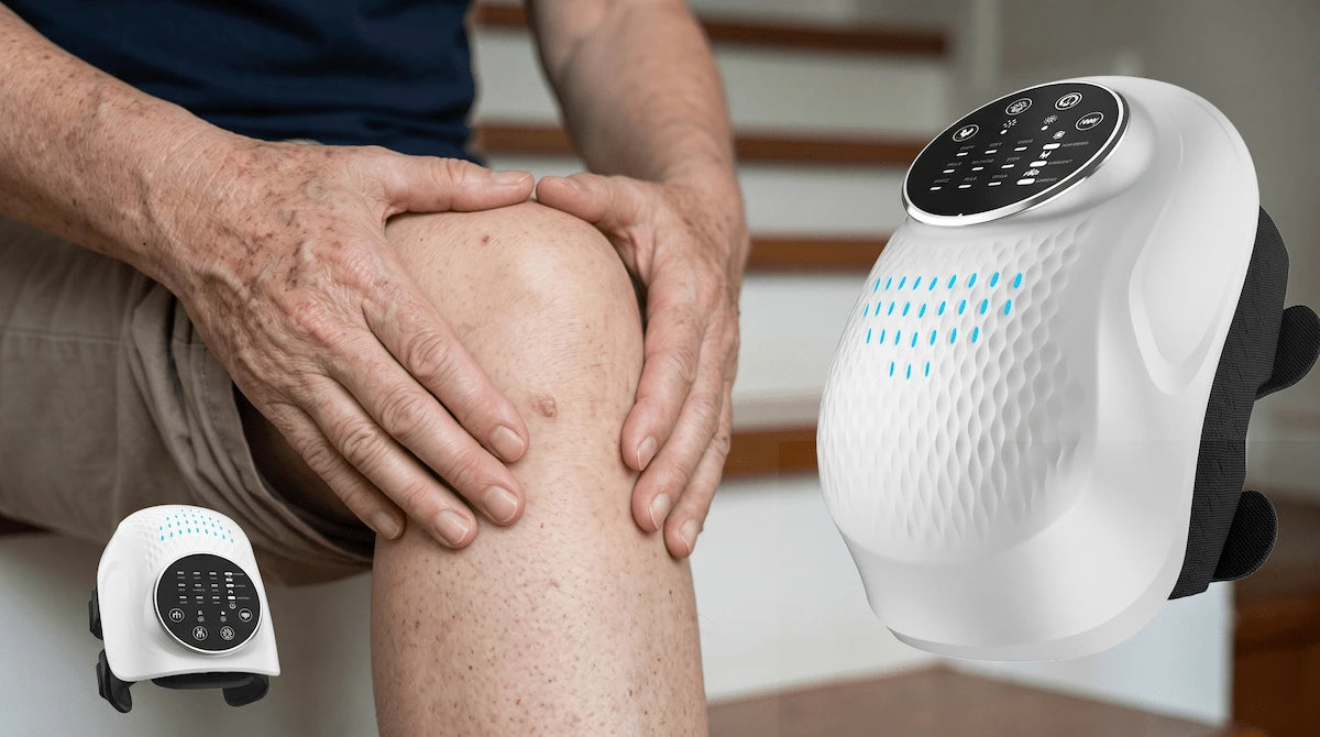 Senior rubbing stiff knee joints before walking down the stairs in the morning.