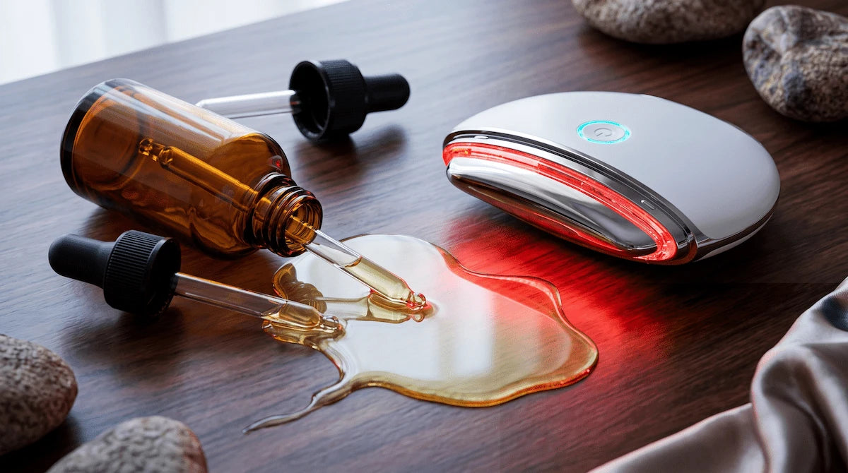 High-end vitamin C and retinol serums next to an ELEVAURE red light device, emphasizing the need for better skincare absorption.