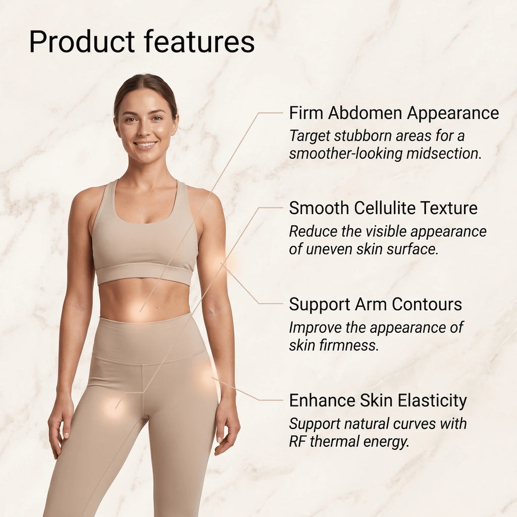 Target treatment areas for vacuum RF body sculpting including abdomen, thighs, and arms.