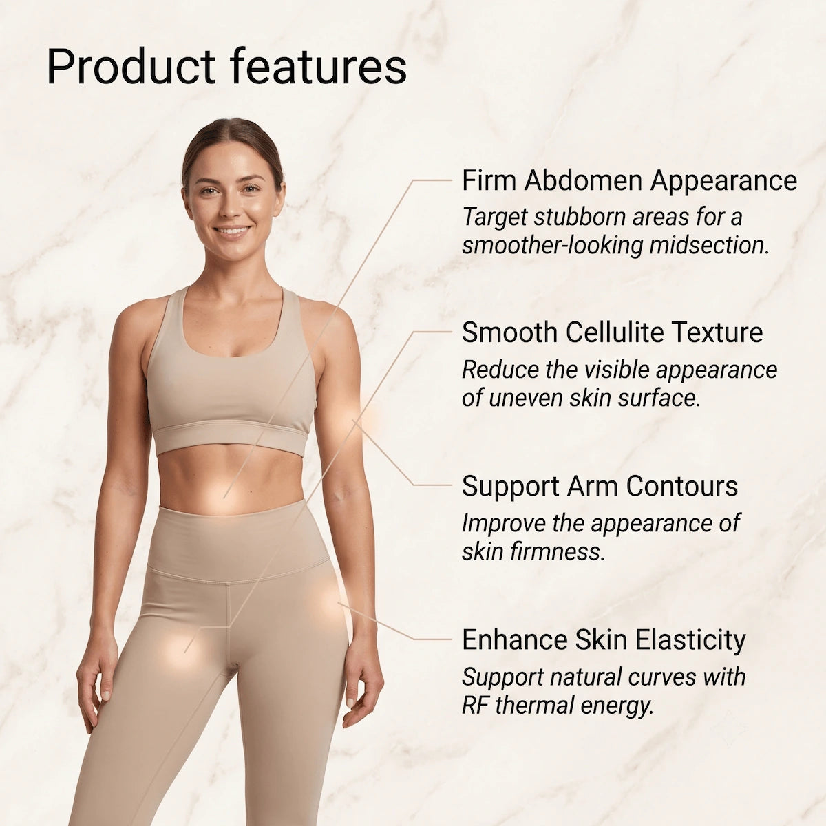 Target treatment areas for vacuum RF body sculpting including abdomen, thighs, and arms.
