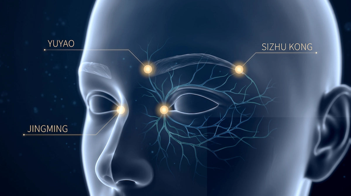 3D facial diagram highlighting the Yuyao, Sizhukong, and Jingming TCM acupoints used for stimulating periorbital microcirculation.