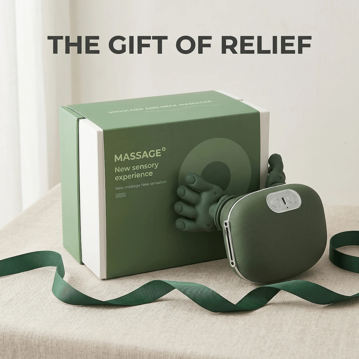 Intelligent Hands-Free Shiatsu Neck & Shoulder Massager displayed next to its elegant premium wellness gift box packaging.