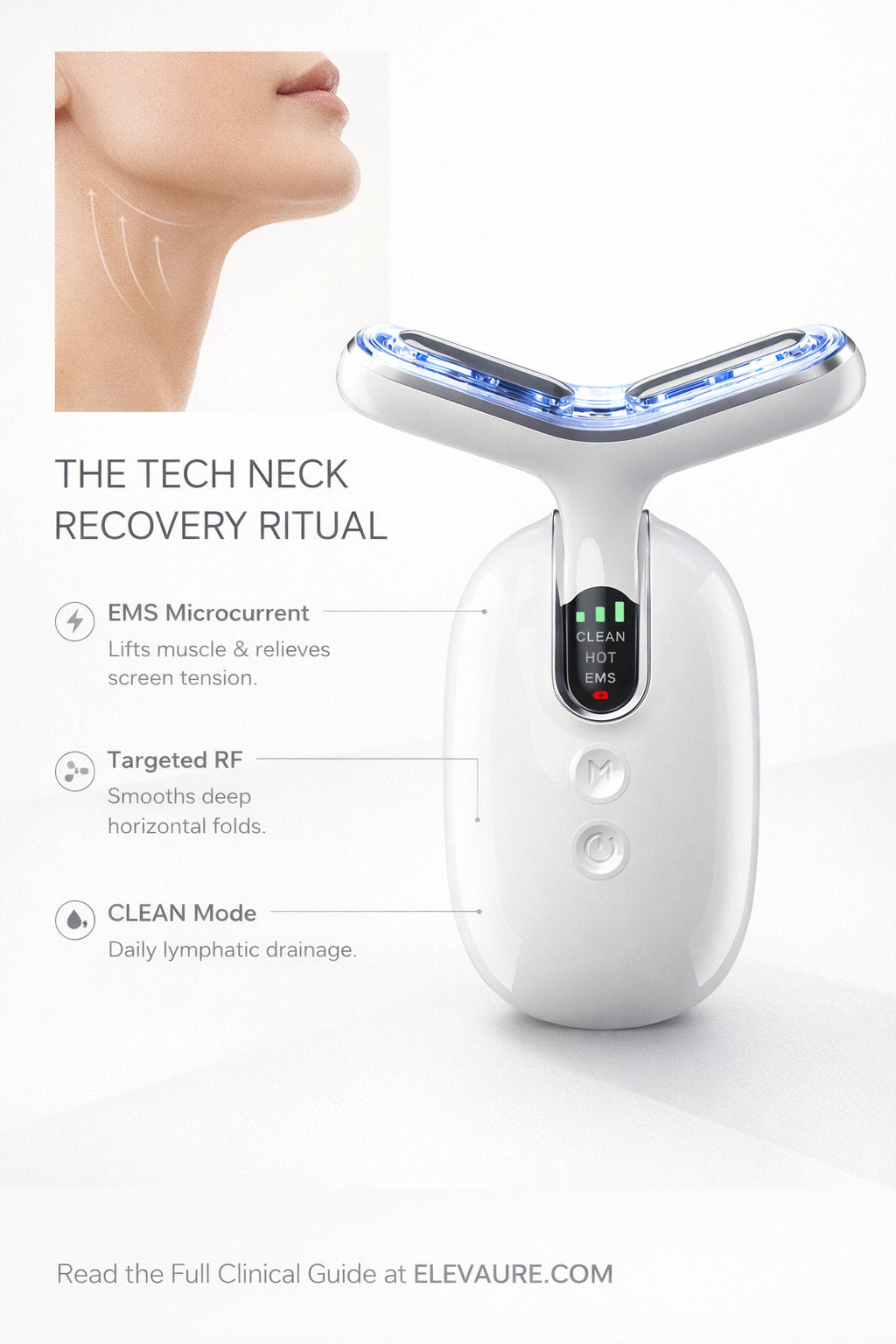 The Tech Neck Recovery Ritual — ELEVAURE device with EMS microcurrent, targeted RF, and CLEAN mode annotations for daily lymphatic drainage and neck lifting.