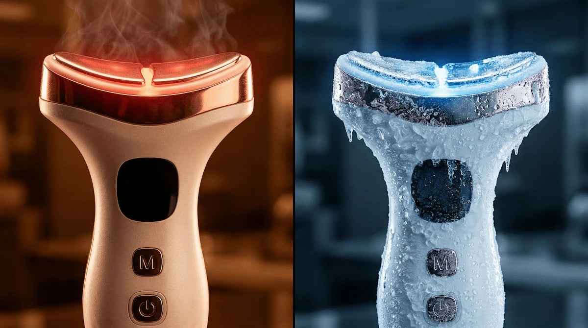 Split view of the Elevaure facial massager demonstrating thermotherapy with red LED light and steam on the left, and cryotherapy with blue LED light and frost on the right.
