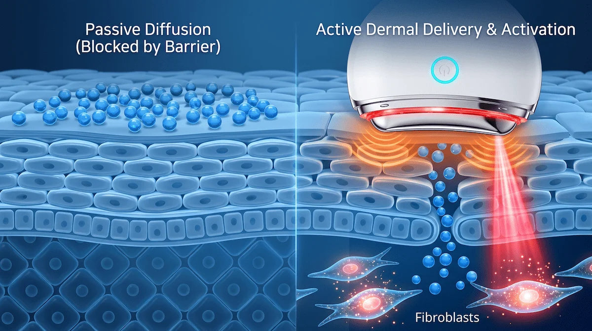 3D skin diagram comparing passive serum application to deep transdermal delivery enhanced by heat and red light therapy.