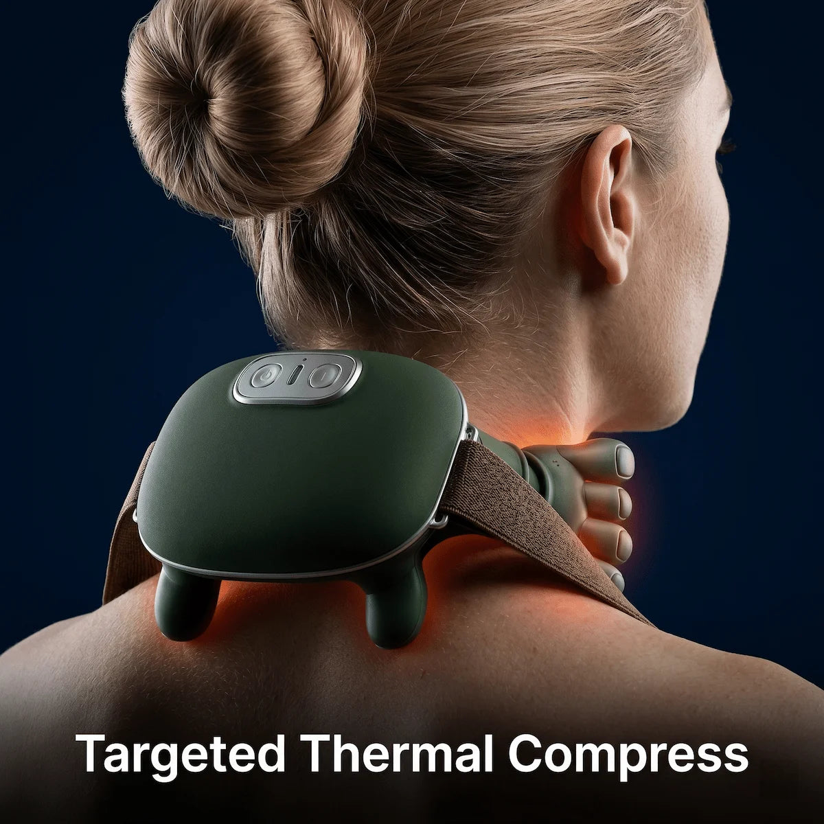 Close-up macro shot of an ergonomic neck massager emitting targeted thermal heat. Natural, unretouched skin texture highlights the clinical authenticity.