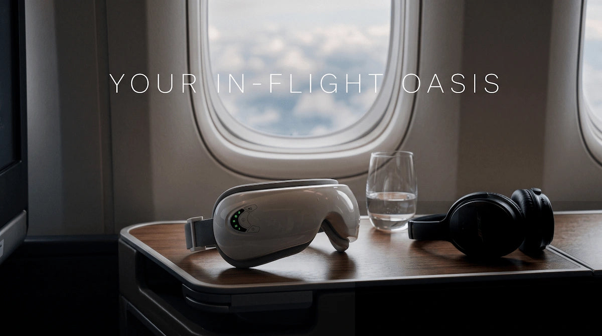 Wireless eye massager and noise-canceling headphones on an airplane tray table.