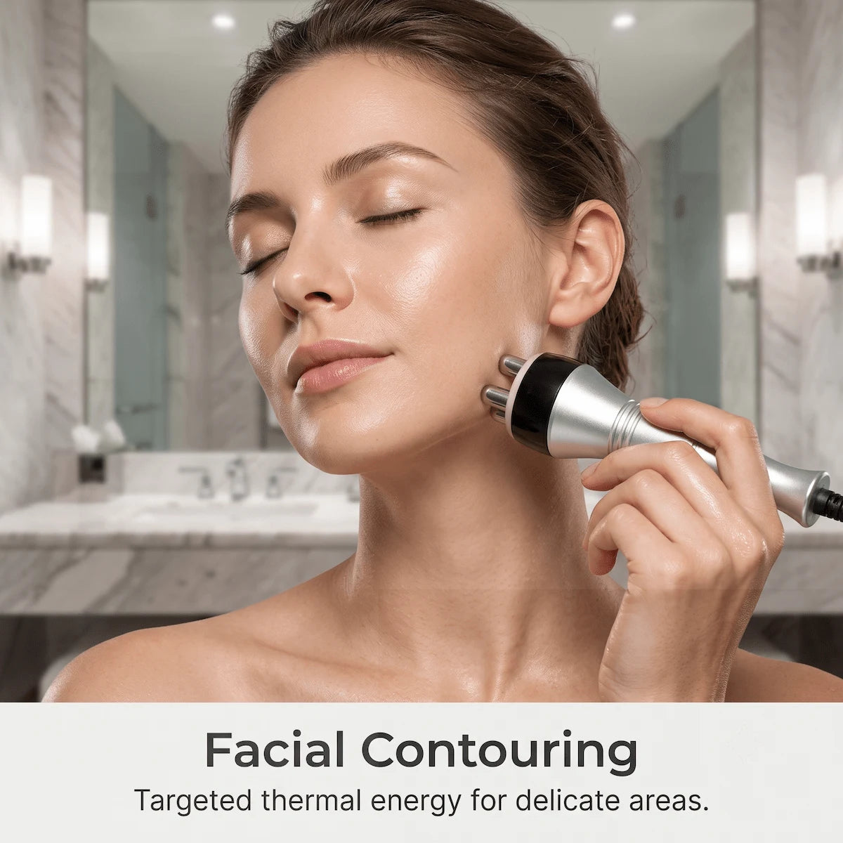 Using the tripolar RF probe along the jawline for a targeted thermal facial routine.