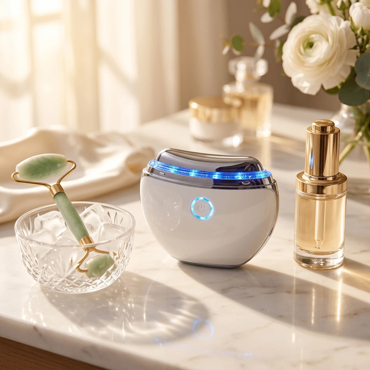 A morning skincare setup featuring an ice-cold jade roller for prepping the skin, next to an active electric gua sha massager for deep firming.