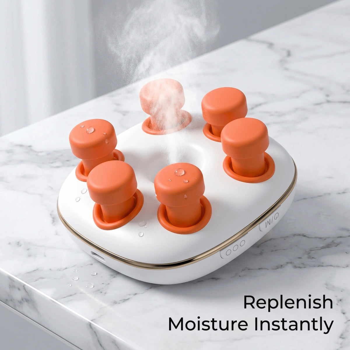 A pocket-sized 2-in-1 hydrating eye massager spraying a fine mist for post-lens recovery.