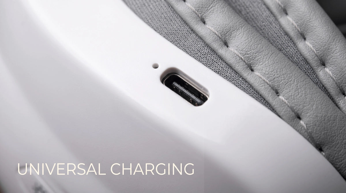 Macro detail of the USB charging port on the Elevaure cordless eye massager.