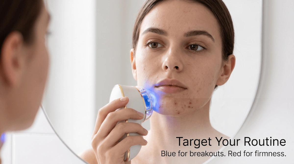 A young woman treating a chin breakout with the blue LED light setting on her ELEVAURE facial firming device.
