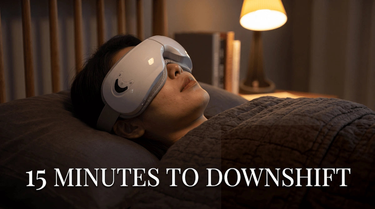 Woman relaxing in bed wearing the Elevaure eye massager before falling asleep.