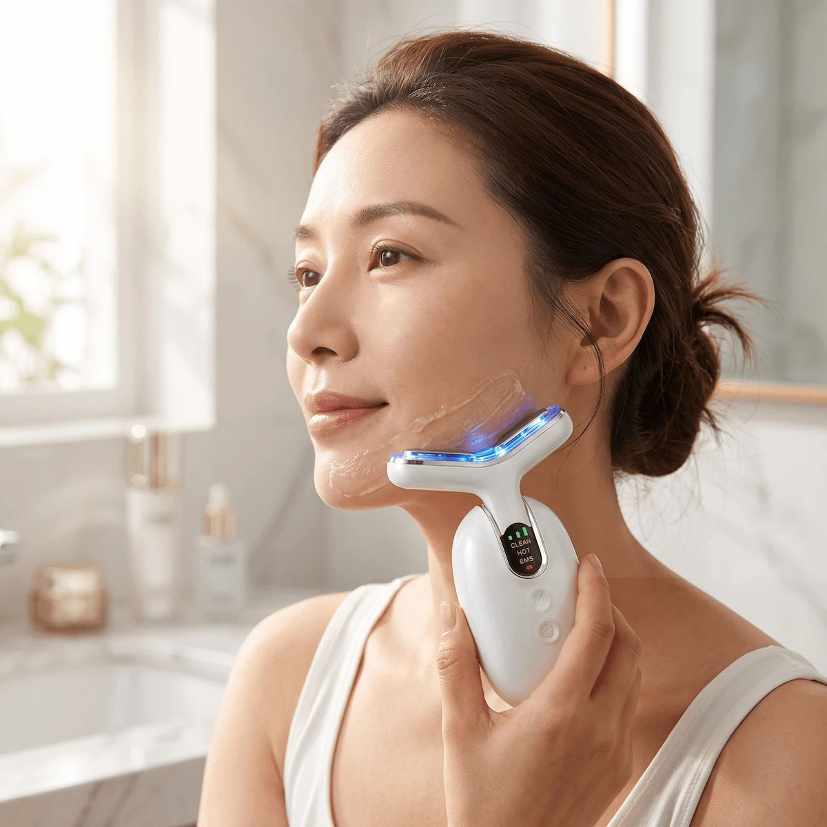 Woman using an Elevaure RF device with conductive gel along her jawline to target skin laxity and sagging.